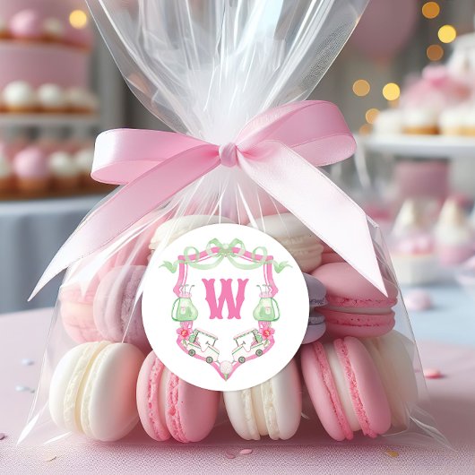 Waterverf Roze & Groene Golfkar Monogram Crest Ronde Sticker