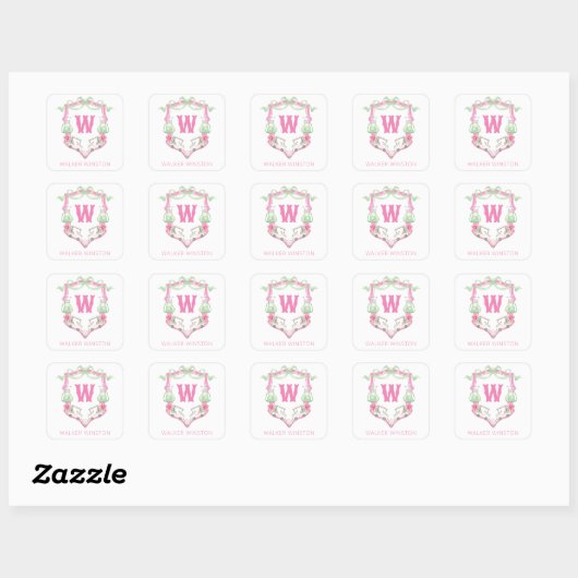 Waterverf Roze & Groene Golfkar Monogram Crest Vierkante Sticker (Vel)