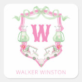 Waterverf Roze & Groene Golfkar Monogram Crest Vierkante Sticker (Voorkant)