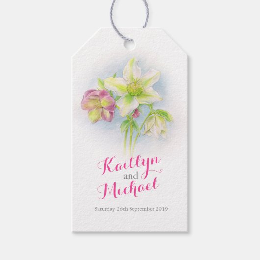 Waterverf roze groene hellebores bruiloft cadeau l cadeaulabel (Voorkant)