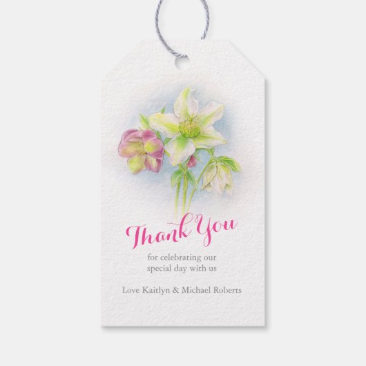 Waterverf roze groene hellebores bruiloft cadeau l cadeaulabel (Achterkant)