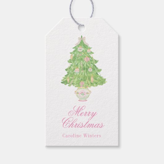 Waterverf Roze & Groene Kerst Chinoiserie Tree Cadeaulabel (Voorkant)