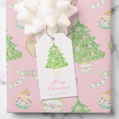 Waterverf Roze & Groene Kerst Chinoiserie Tree Cadeaulabel