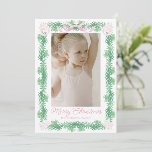 Waterverf Roze & Groene Kerst Garland Foto Feestdagenkaart (Staand voorkant)