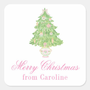 Waterverf Roze & Groene Kerst Ginger Jar Tree Vierkante Sticker