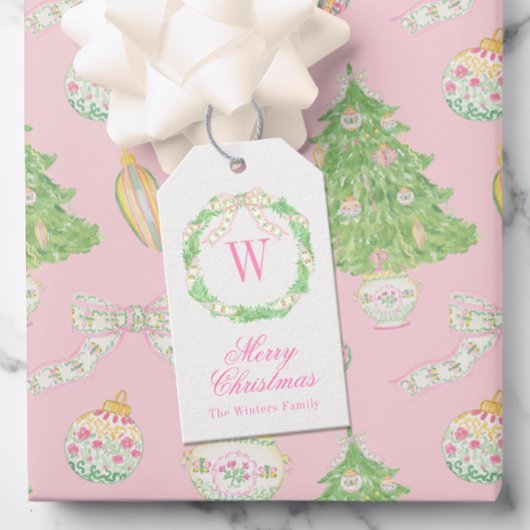 Waterverf Roze & Groene Kerst Monogram Krans Cadeaulabel