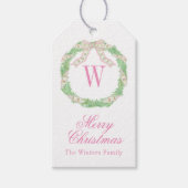 Waterverf Roze & Groene Kerst Monogram Krans Cadeaulabel (Voorkant)