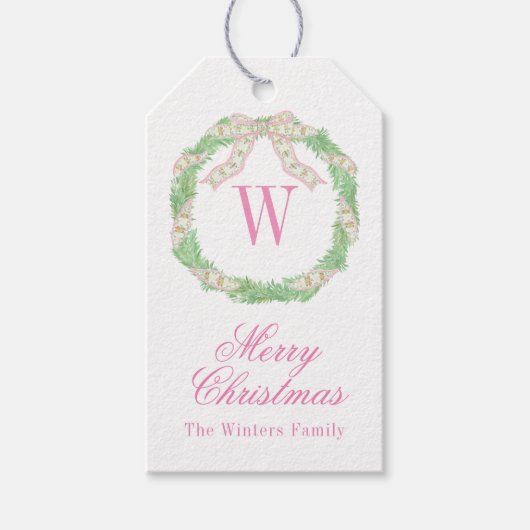 Waterverf Roze & Groene Kerst Monogram Krans Cadeaulabel (Voorkant)