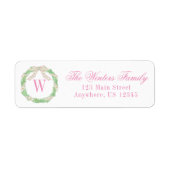 Waterverf Roze & Groene Kerst Monogram Krans Etiket (Voorkant)