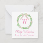 Waterverf Roze & Groene Kerst Monogram Krans Notitiekaartje (Voorkant)