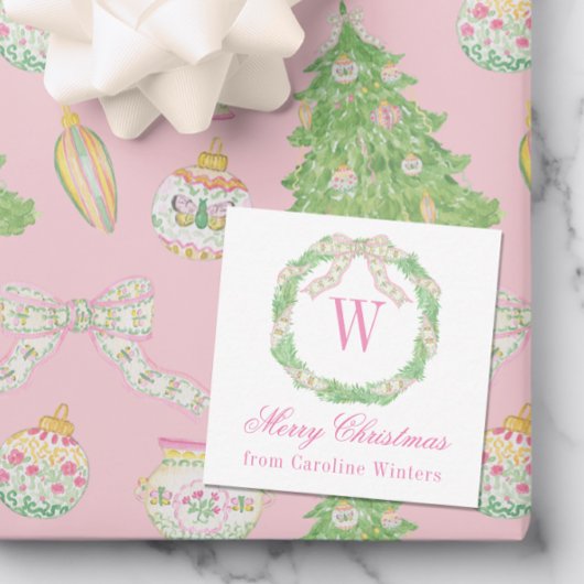 Waterverf Roze & Groene Kerst Monogram Krans Notitiekaartje