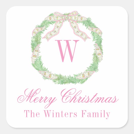 Waterverf Roze & Groene Kerst Monogram Krans Vierkante Sticker (Voorkant)