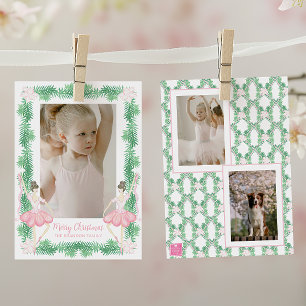 Waterverf Roze & Groene Kerstballerina's Foto Feestdagenkaart