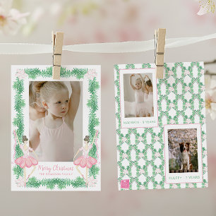 Waterverf Roze & Groene Kerstballerina's Foto Feestdagenkaart