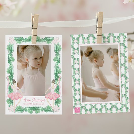 Waterverf Roze & Groene Kerstballerina's Foto Feestdagenkaart