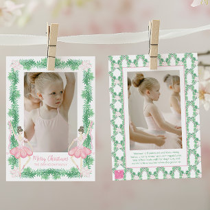 Waterverf Roze & Groene Kerstballerina's Foto Feestdagenkaart