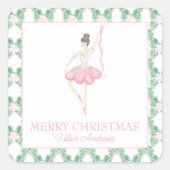 Waterverf Roze & Groene Kerstballerina's Foto Vierkante Sticker (Voorkant)