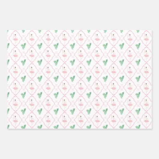 Waterverf Roze & Groene Kerstballerina's Inpakpapier Vel (Voorkant 3)
