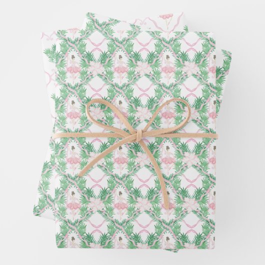 Waterverf Roze & Groene Kerstballerina's Inpakpapier Vel (In situ)