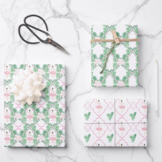 Waterverf Roze & Groene Kerstballerina's Inpakpapier Vel (Voorkant)