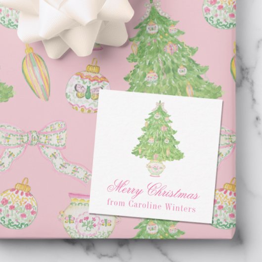 Waterverf Roze & Groene Kerstboom Notitiekaartje