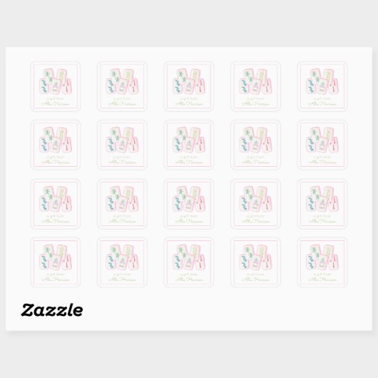 Waterverf Roze & Groene Mahjong Tegels Behuizing Vierkante Sticker (Vel)