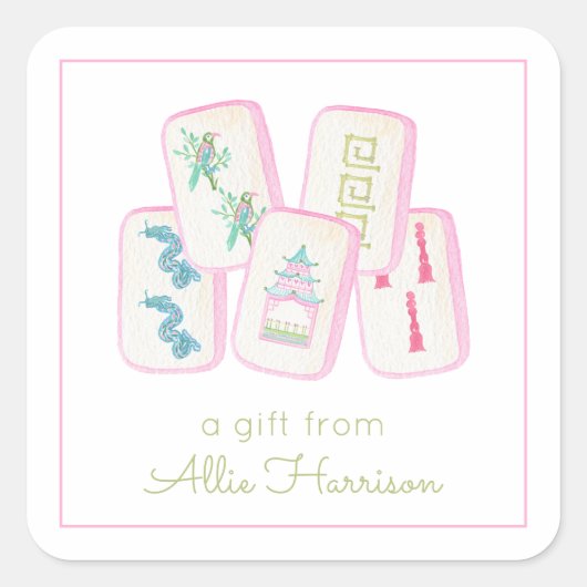 Waterverf Roze & Groene Mahjong Tegels Behuizing Vierkante Sticker (Voorkant)