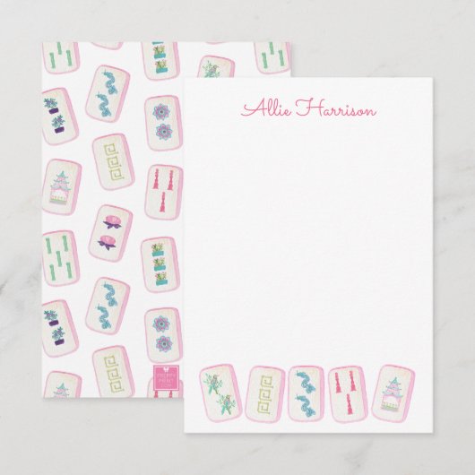 Waterverf Roze & Groene Mahjong Tegels Gepersonali Bedankkaart (Voorkant / Achterkant)