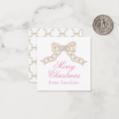 Waterverf Roze & Groene Vlinderstrik Kerst Notitiekaartje (Voorkant / Achterkant in situ)