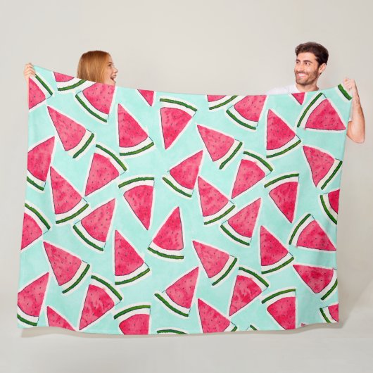 Waterverf Roze groene watermeloenen driehoeken Fleece Deken (In situ)