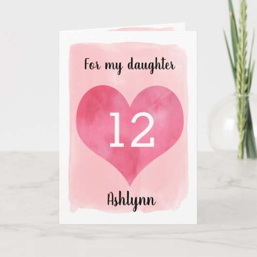 Waterverf roze hart 13e verjaardag dochter kaart (Voorkant)