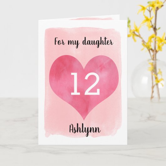 Waterverf roze hart 13e verjaardag dochter kaart (Gele Bloem)