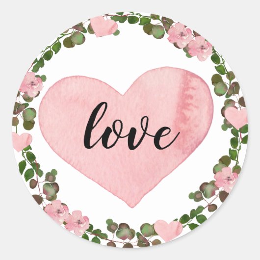 Waterverf Roze Hart en Eucalyptus Groen Liefde Ronde Sticker (Voorkant)