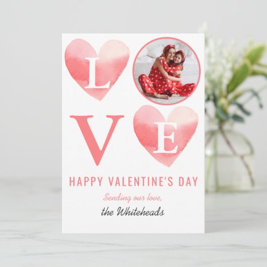 Waterverf Roze Hart Foto Valentijns Feestdagenkaart (Staand voorkant)