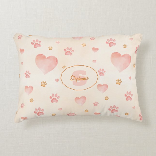 Waterverf Roze Harten & Paw Prints Patroon Accent Kussen (Voorkant)