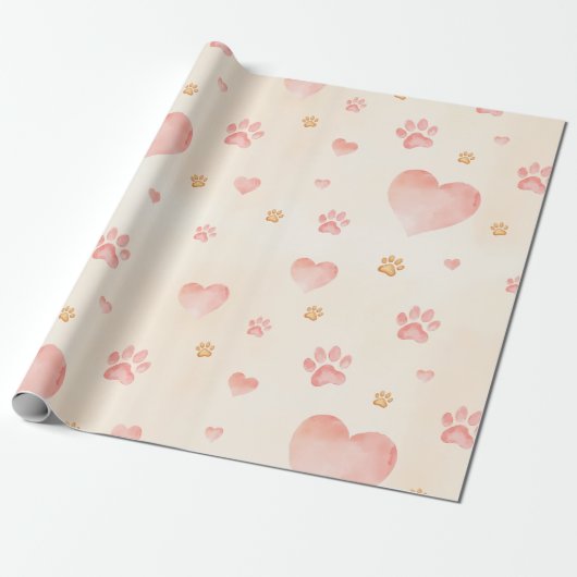 Waterverf Roze Harten & Paw Prints Patroon Cadeaupapier (Uitgerold)