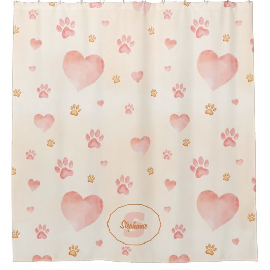 Waterverf Roze Harten & Paw Prints Patroon Douchegordijn (Voorkant)