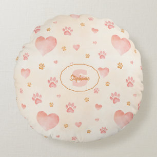 Waterverf Roze Harten & Paw Prints Patroon Rond Kussen
