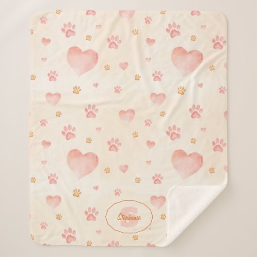 Waterverf Roze Harten & Paw Prints Patroon Sherpa Deken (Voorkant)