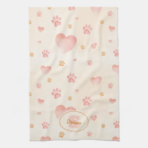 Waterverf Roze Harten & Paw Prints Patroon Theedoek