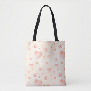 Waterverf Roze Harten & Paw Prints Patroon Tote Bag