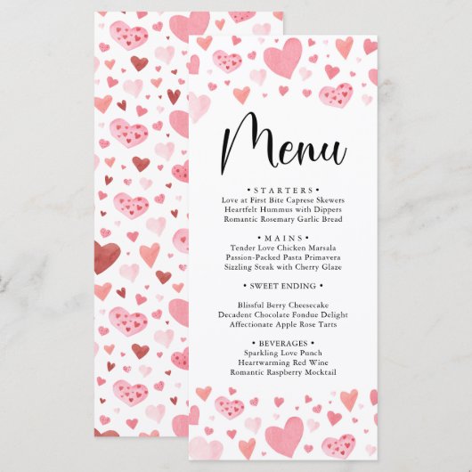 Waterverf Roze Harten Valentijnsdag Menu Kaart (Voorkant / Achterkant)
