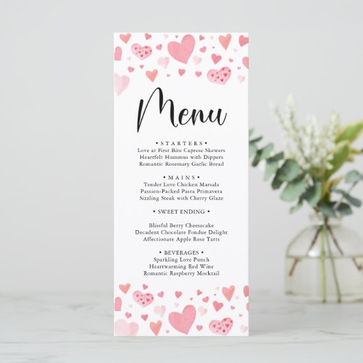 Waterverf Roze Harten Valentijnsdag Menu Kaart (Staand voorkant)