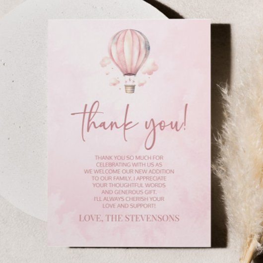 Waterverf Roze Hete Luchtballon Baby shower Bedankkaart
