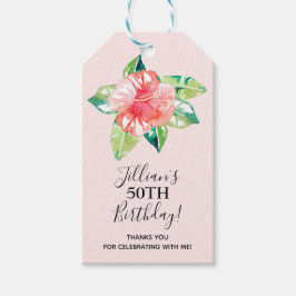 Waterverf Roze Hibiscus Tropische Bloemen Cadeaulabel