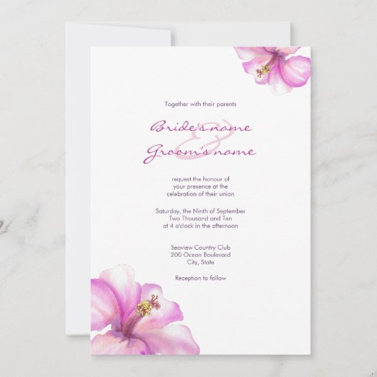 Waterverf Roze hibiscus Wedding Invitations Kaart (Voorkant)