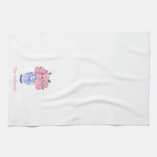 Waterverf Roze Hortensia Chinoiserie Gepersonalise Theedoek (Horizontaal)