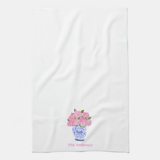 Waterverf Roze Hortensia Chinoiserie Gepersonalise Theedoek (Verticaal)