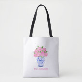 Waterverf Roze Hortensia Chinoiserie Naam Tote Bag (Voorkant)