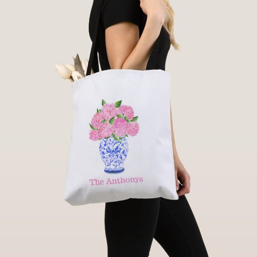 Waterverf Roze Hortensia Chinoiserie Naam Tote Bag (Dichtbij)